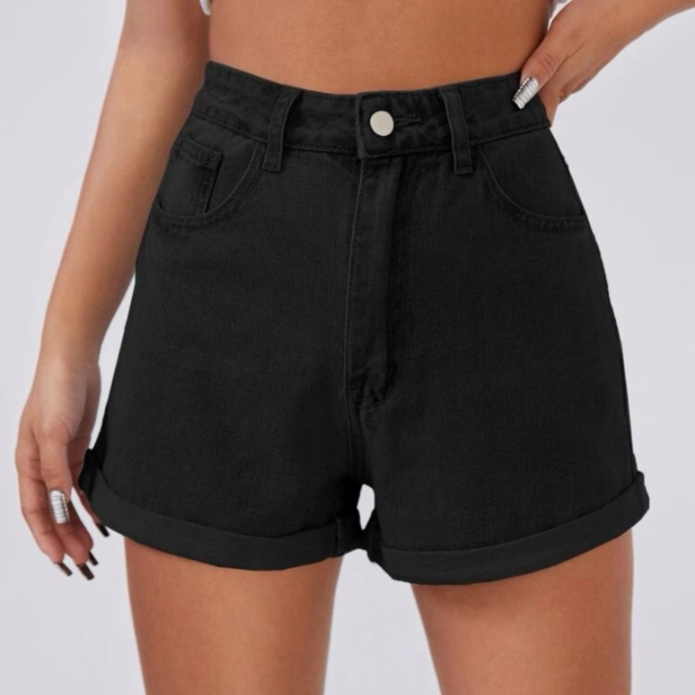 NWOT SHEIN High Waist Roll Up Hem Black Denim Shorts, Size S (4)